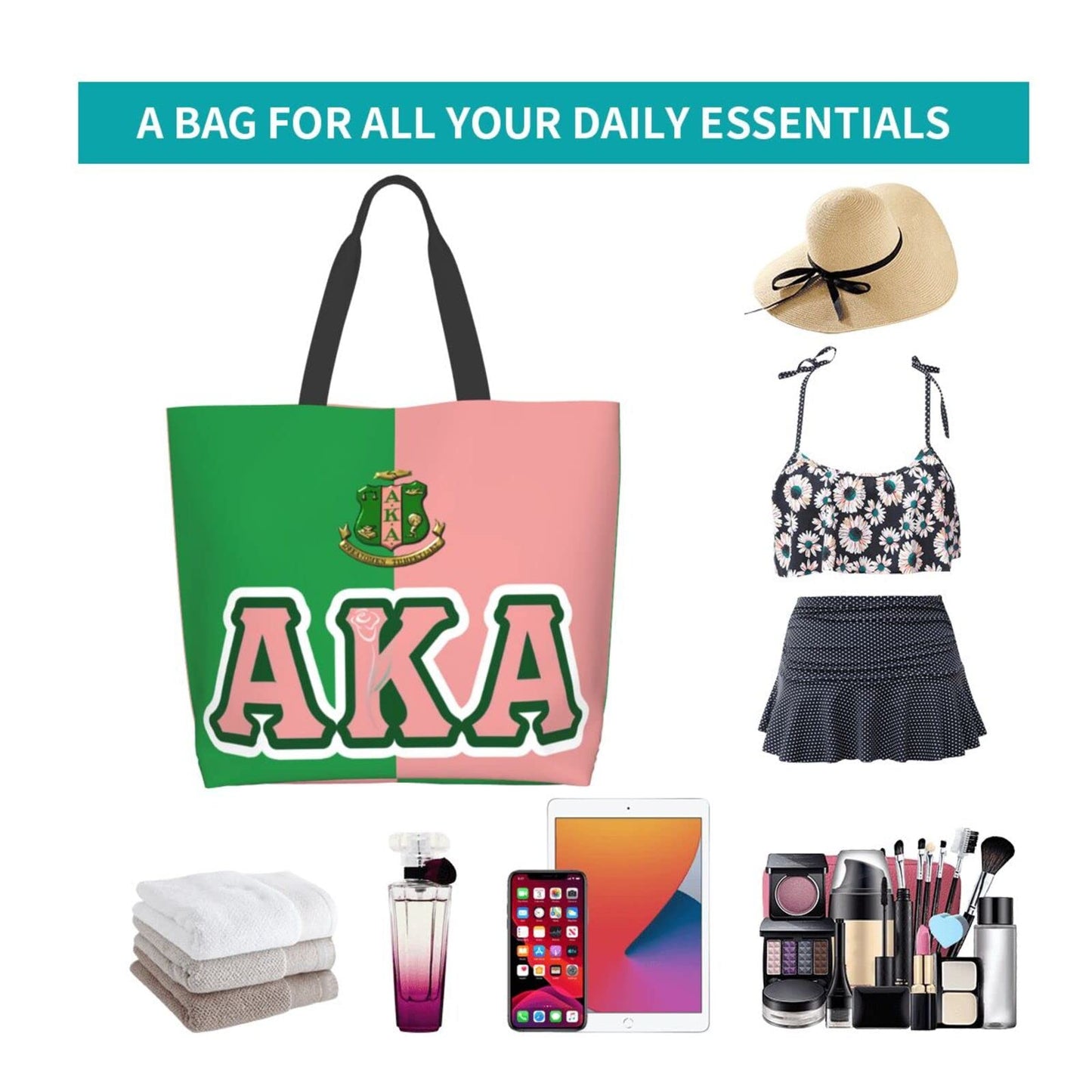 AKA Beach Tote Bags Travel Totes Bag Kitchen Reusable Grocery Bags Shopping Tote for Women Waterproof Book Tote