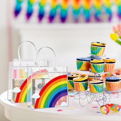 Aliceset 20 Pcs Clear Plastic Goodie Bags Party Treat Bags with Handles Rainbow Themed Favor Wrapping for Birthday Snack Candy Holiday Decoration Baby Shower Supplies, 8 x 8 x 3.15 Inch