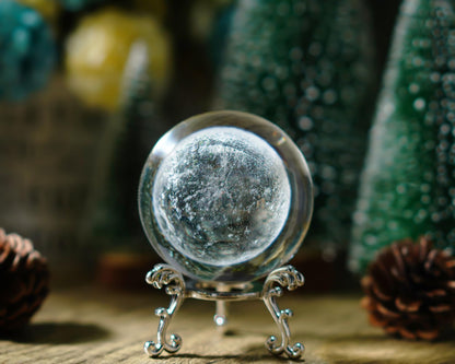 H&D HYALINE & DORA 70mm (2.75 Inch) 3D Laser Moon Crystal Glass Ball Paperweight with Metal Stand Home Decoration Collectible Gift