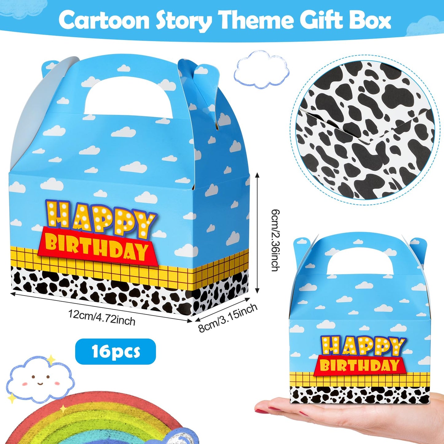 Ragnhild 16 Pcs Cartoon Story Birthday Party Favor Boxes, Cow Pattern Birthday Goodie Box Party Supplies, Blue Sky White Cloud Kraft Paper Gift Boxes for Kids Decorations