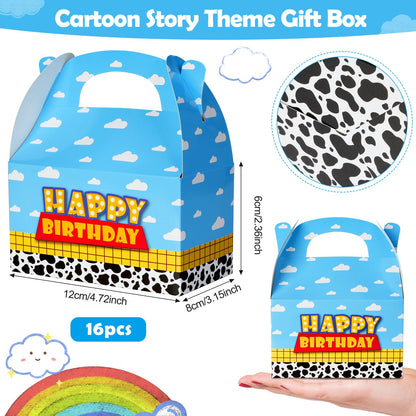 Ragnhild 16 Pcs Cartoon Story Birthday Party Favor Boxes, Cow Pattern Birthday Goodie Box Party Supplies, Blue Sky White Cloud Kraft Paper Gift Boxes for Kids Decorations
