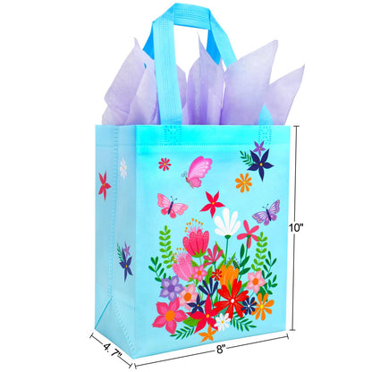 SUNCOLOR Mother's Day Gift Bags with Tissue Paper, Floral Design Non-Woven Material, 10x8x4.7 Inches, Pink and Blue, 2 Pack