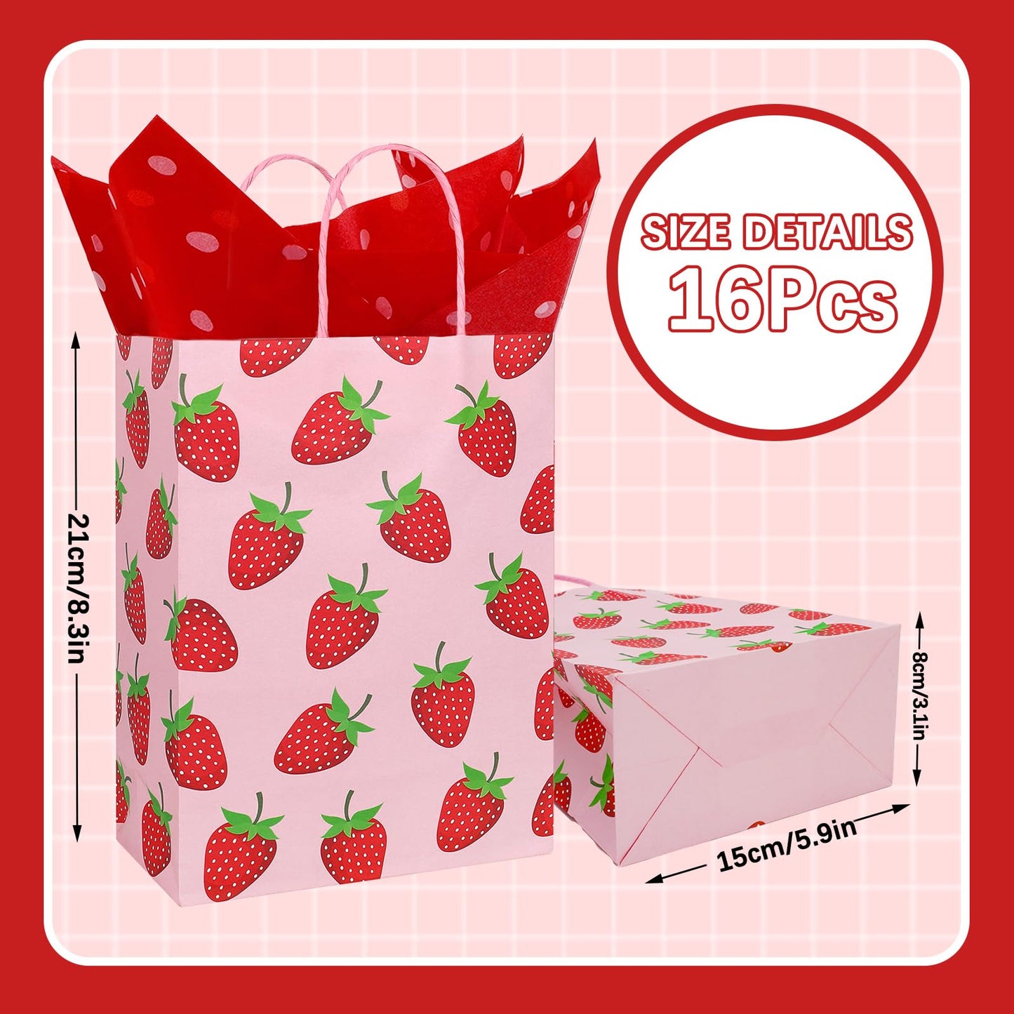 Whaline 16 Pcs Strawberry Party Favor Bags with 20 Sheets Red Tissue Paper Pink Paper Gift Bags with Handles Fruit Goodie Treat Bag for Sweet One Birthday Baby Shower Party Supplies