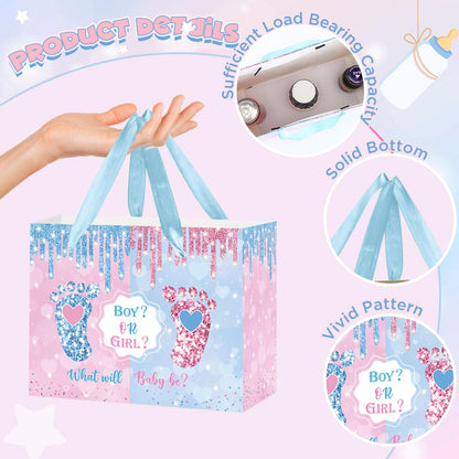 Gender Reveal Gift Bag Blue Pink Boy or Girl Paper Bag with Wrapping Paper Card What Will Baby Be Party Decoration Little Feet Treat Candy Bag for Baby Shower Gender Reveal Birthday Party Supplies