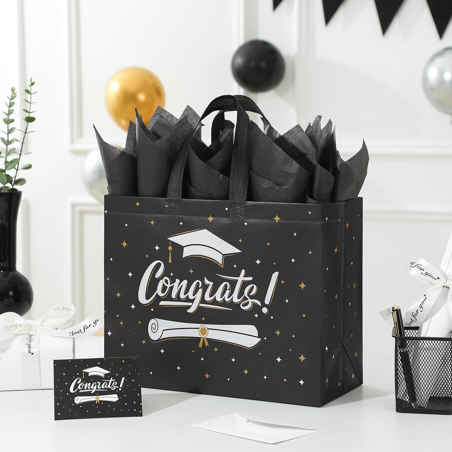YANGTE 2 Pack 13" Large Graduation Gift Bags with Tissue Paper and Cards, Reusable Non-Woven Graduation Bags with Handle, Congrats Grad Gift Wrap Bags for High School, College