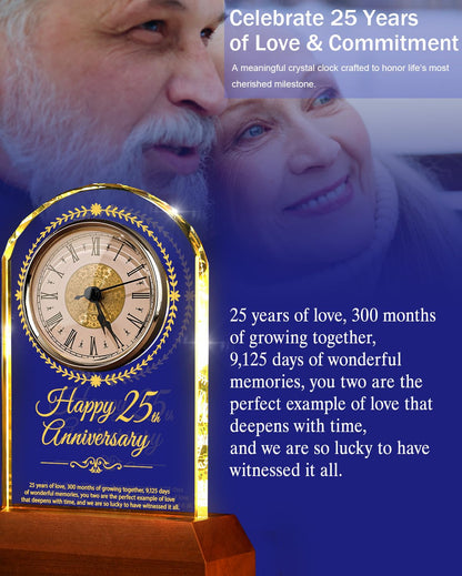25th Wedding Anniversary Crystal Quartz Clock with Wooden Light Base,25 Years of Marriage Gift,Happy Silver Anniversary Decoration Gift,for Parents,Grandparents,Couple