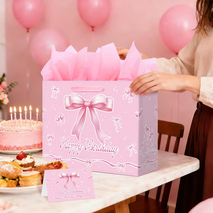 Happy Birthday Gift Bag with Card & Tissue Paper - Pink Bow Party Favor Birthday Bag for Kids, Medium Size 13x10.2x4.9 Inches, Ideal for Birthday Decorations