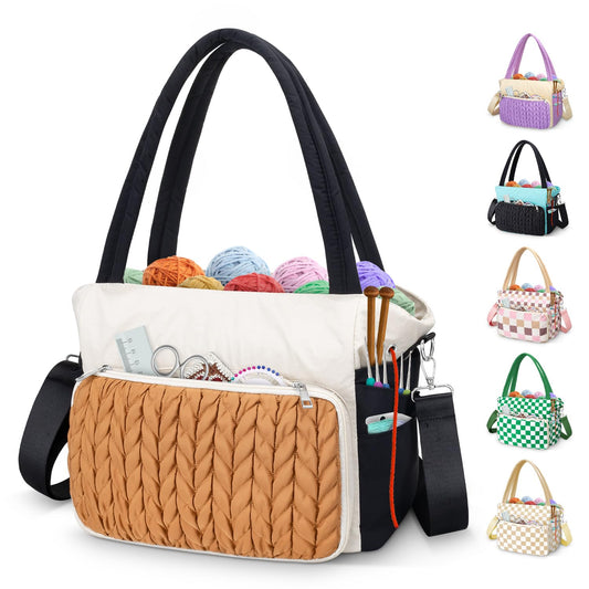 DALINDA Crochet Bag Organizer,Yarn Bag and Tote- Yarn Storage with Multiple Pockets for Crochet Supplies, Knitting Bag for Gifts,Portable & Durable(Brown)