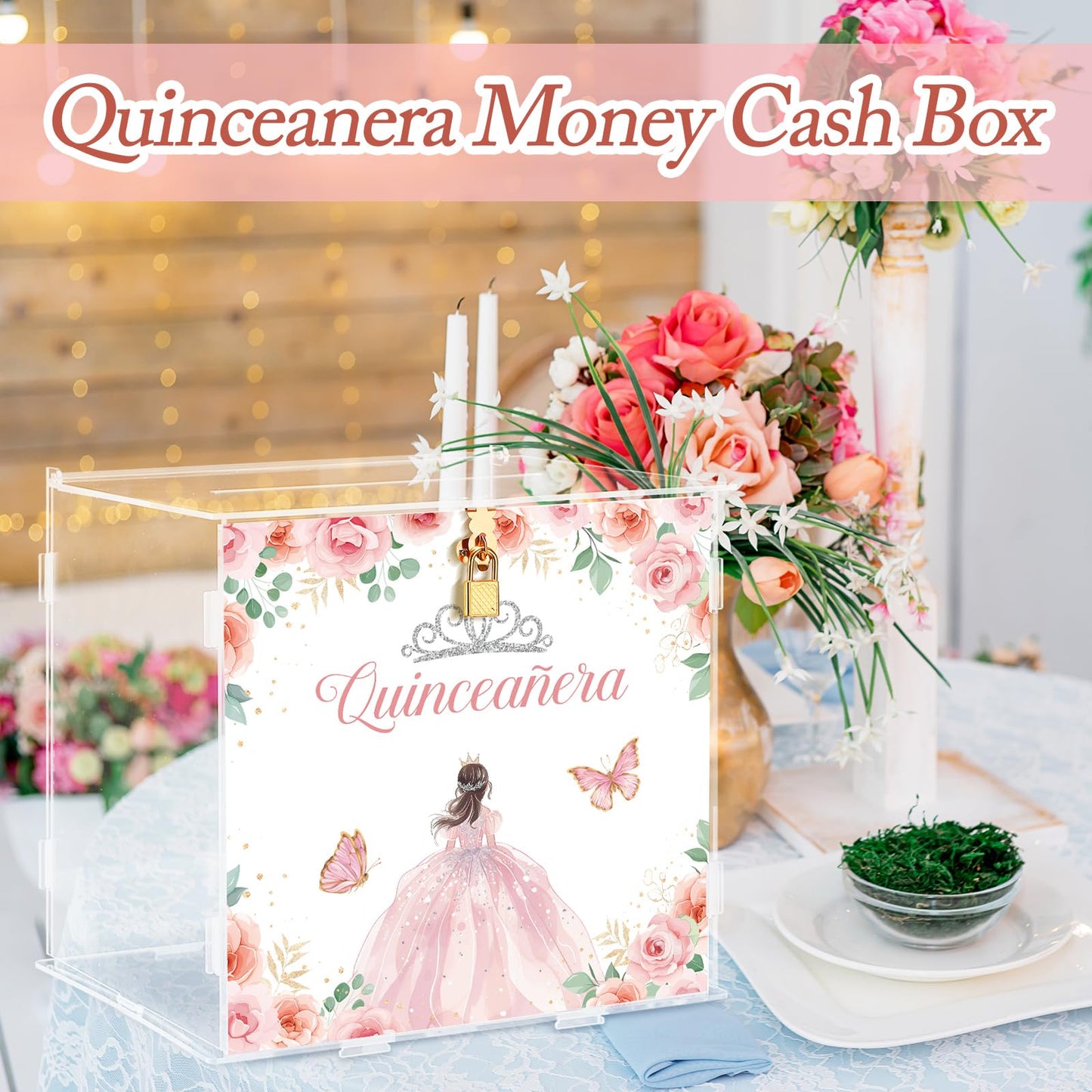 Novabright Quinceanera Money Cash Box Quinceanera Acrylic Cardholder Gift Box with Lid and Lock for Sweet 15th Birthday Coming of Age Ceremony Quinceaneras Party Decor