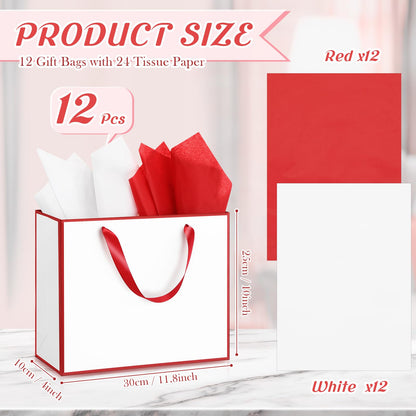 ReliThick 12 Pack Metallic Paper Gift Bag with Handles and Tissue Paper 11.8 x 10 x 4'' Thank You Favor Bag for Graduation Mother's Day Wedding Bridesmaid Groomsman 5 Senses Gifts (White,Red)