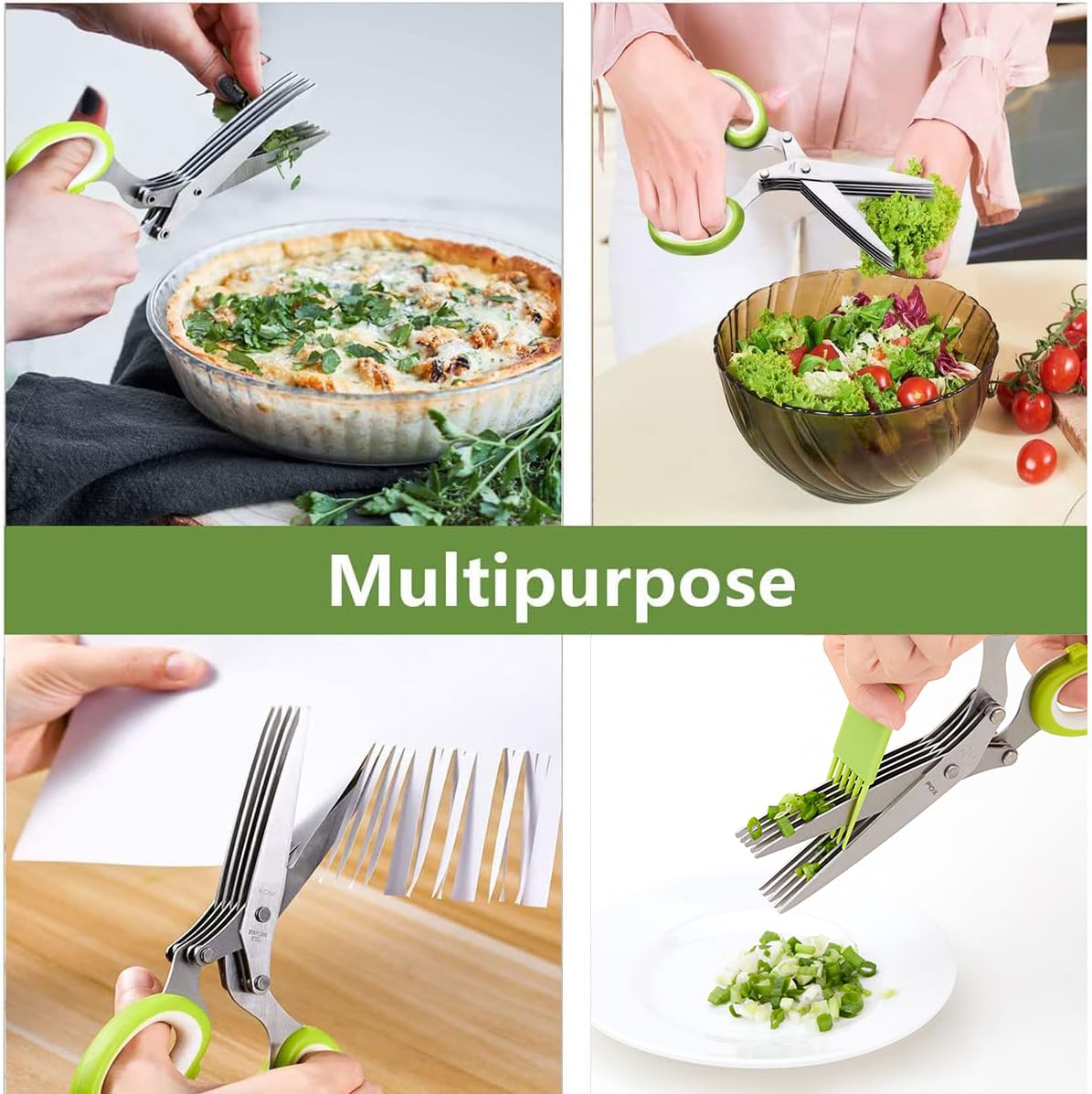Herb Scissors, X-Chef Multipurpose 5 Blade Kitchen Herb Shears Herb Cutter with Safety Cover and Cleaning Comb for Chopping Basil Chive Parsley (Green)