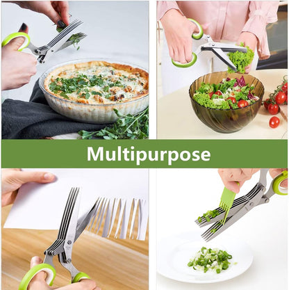Herb Scissors, X-Chef Multipurpose 5 Blade Kitchen Herb Shears Herb Cutter with Safety Cover and Cleaning Comb for Chopping Basil Chive Parsley (Green)