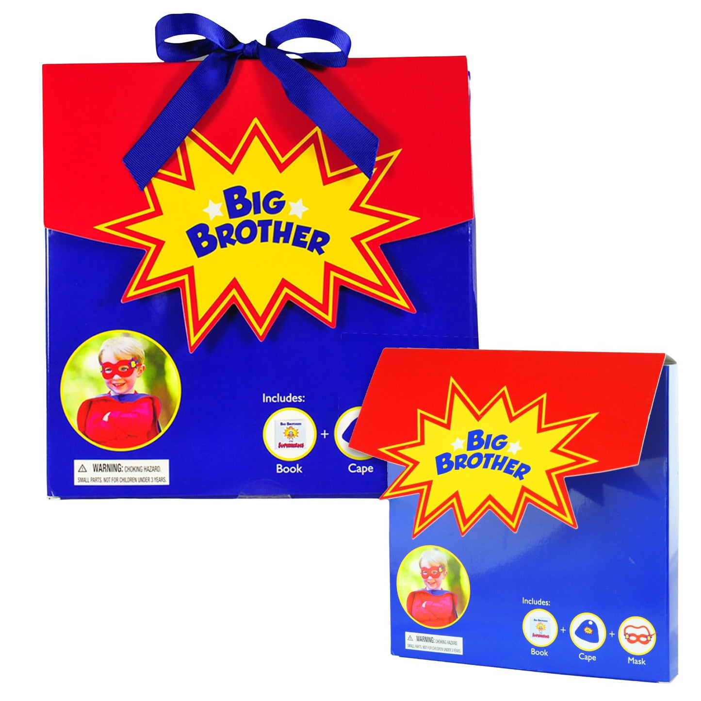Tickle & Main Big Brother Gifts for Boy - 3-Piece Satin Superhero Cape & Mask with Storybook, Ages 2+, X-Large, Blue/Red/Yellow - Big Brother Superhero Cape Gift