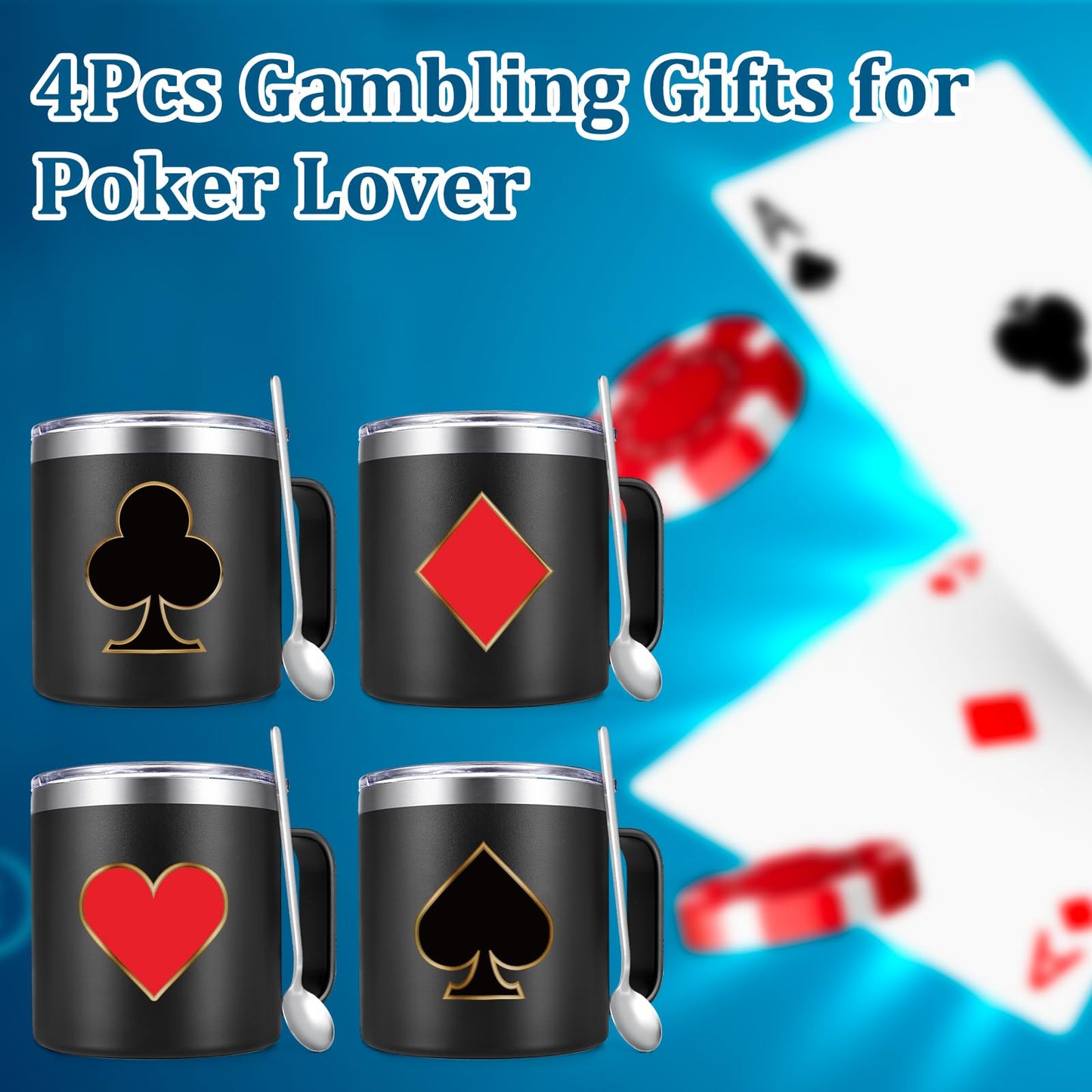 Gtmileo Poker Gifts, 4Pcs Casino Insulated Coffee Mug, Christmas Holiday Birthday Gambling Gifts for Poker Players Men Women (14Oz-Black)
