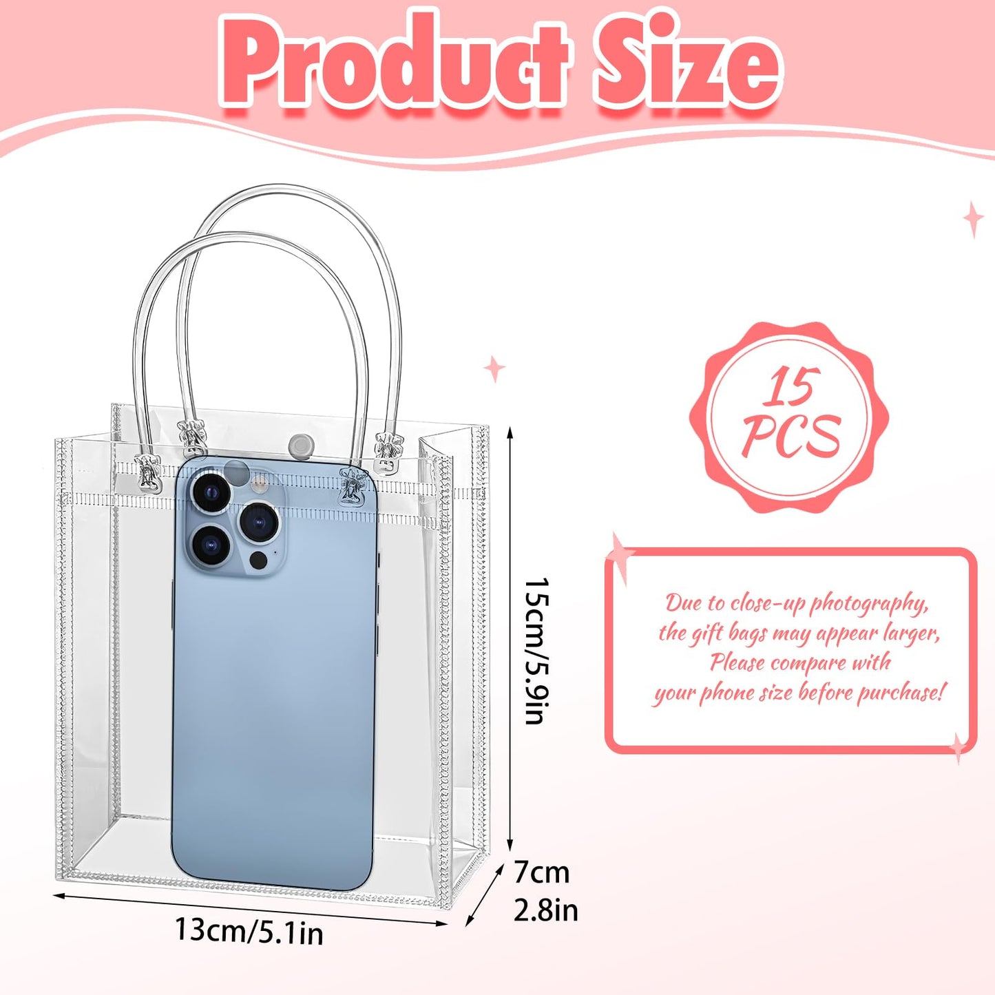 woric Clear Gift Bags with Handles, 15 PCS Small Plastic Party Favor Bags Reusable Transparent Gift Wrap Goodie Bag Bulk for Weddings Graduation Father's Day Birthdays 5.9"x5.1"x2.75"