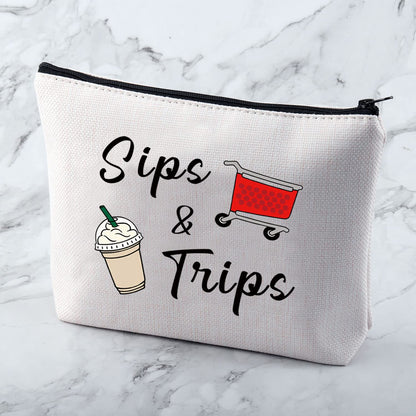 MNIGIU Shopping And Coffee Lover Gift Sips & Trips Cosmetic Bag Girl Trip Gift Thrift Shopper Gift Group Vacation Gift