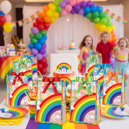 Aliceset 12 Pcs Rainbow Party Clear Goodie Bags with Handles Rainbow Theme Favor Bags with Ribbon Colorful Wrapping for Birthday Gay Pride Baby Shower Candy Snack Treat Wrapping Supplies, 10x7x3.15''