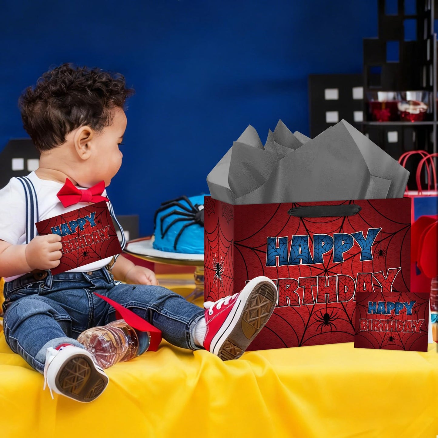 Hooqict Spider Gift Bag Happy Birthday Gift Wrapping Bag with Handles, Tissue Paper, Greeting Card for Kids Boys Teens Men Goodie Candy Treat Gift Box Spider Web Birthday Party Favors