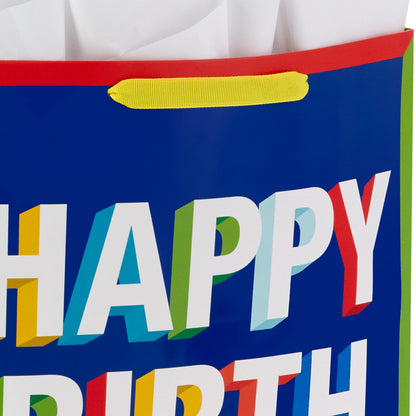 Hallmark 15" Extra Large Birthday Gift Bag with Tissue Paper (Happy Birthday, Red, Blue, Yellow, Green) for Kids, Teachers, Coworkers, Friends