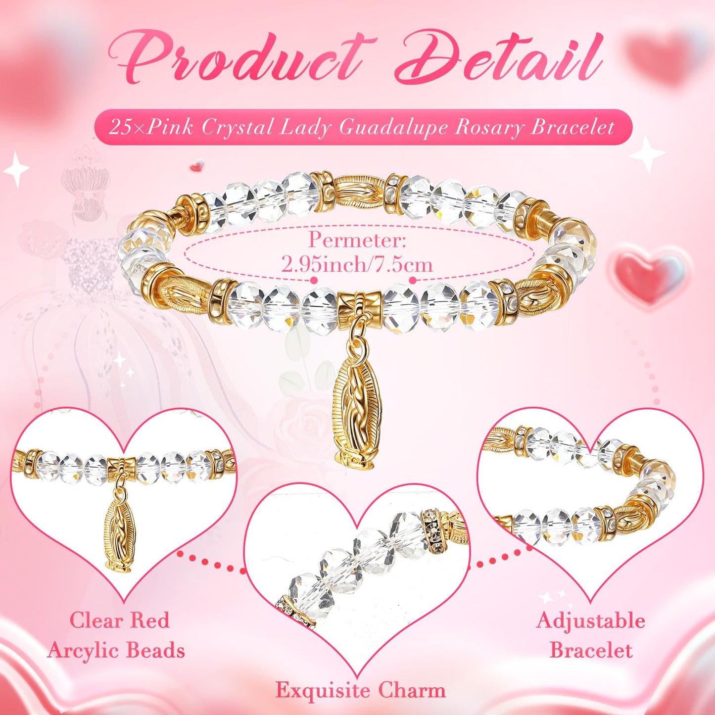Wenqik 25 Sets Quinceanera Bracelet Favors Mis Xv Anos Crystal Stretch Bracelets with Gold Color Virgin Mary Charm Sweet 15th Birthday Religious Gifts with Thank You Cards