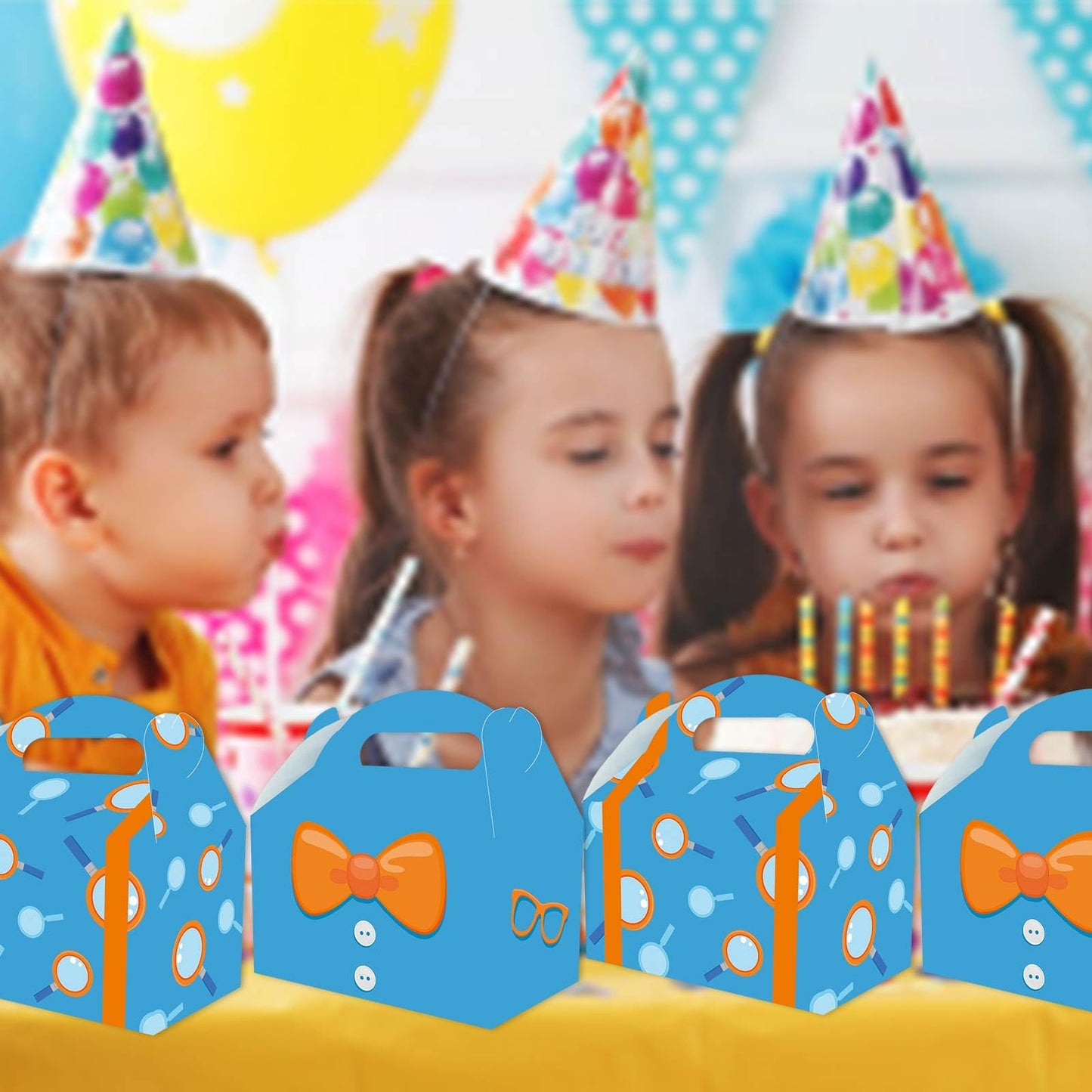 LeiGuoMinyyu 16pcs Cartoon Blue Birthday Party Candy Bags Yellow Bow Goodie Gift Boxes for Kids Boys Girls Theme Birthday Party Supplies Decorations