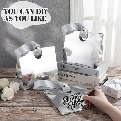 Feifeiya 30 Pcs Small Silver Gift Bags with Ribbon Handles 7.87" x 3.54" x 7.09" Bulk Paper Goodie Bags for Birthday Wedding Bridal Baby Shower Party Favors