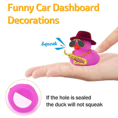 wonuu Car Dashboard Ducks, Saxophone Decor Rubber Duck Car Ornaments with Mini Top Hat Necklace Sunglasses (Light Blue)