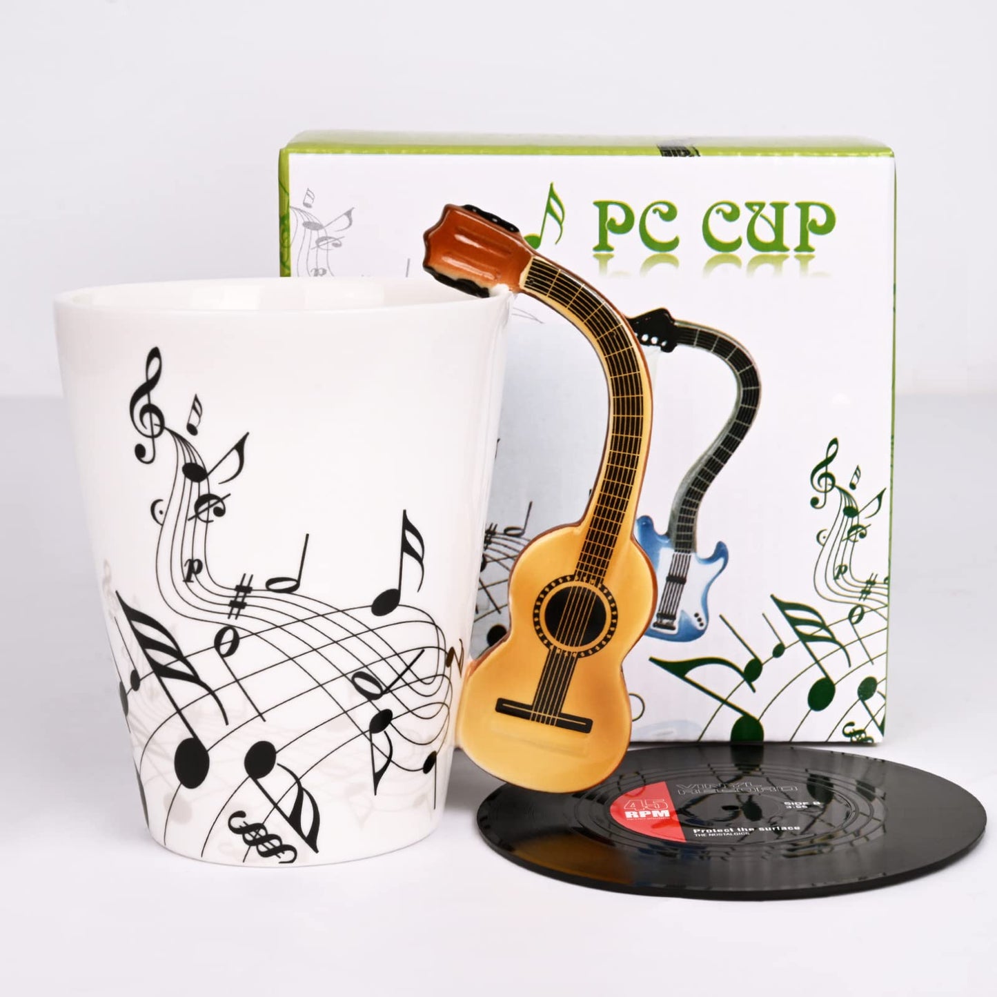 Maustic Guitar Mug, Guitar Gifts for Guitar Players, Music Teacher Gifts, Christmas Birthday Gift for Music Lovers, Ceramic Mug 13 Oz with Vinyl Record Coaster (Acoustic Guitars)