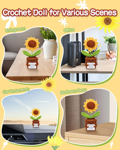 1pcs Knitted Flowers Sunflower Gifts for Women Handmade Knitted Planters with Card Crochet Gifts Birthday Gifts for Women Mom Family Friend Teacher Coworker Xmas Party（Thank）