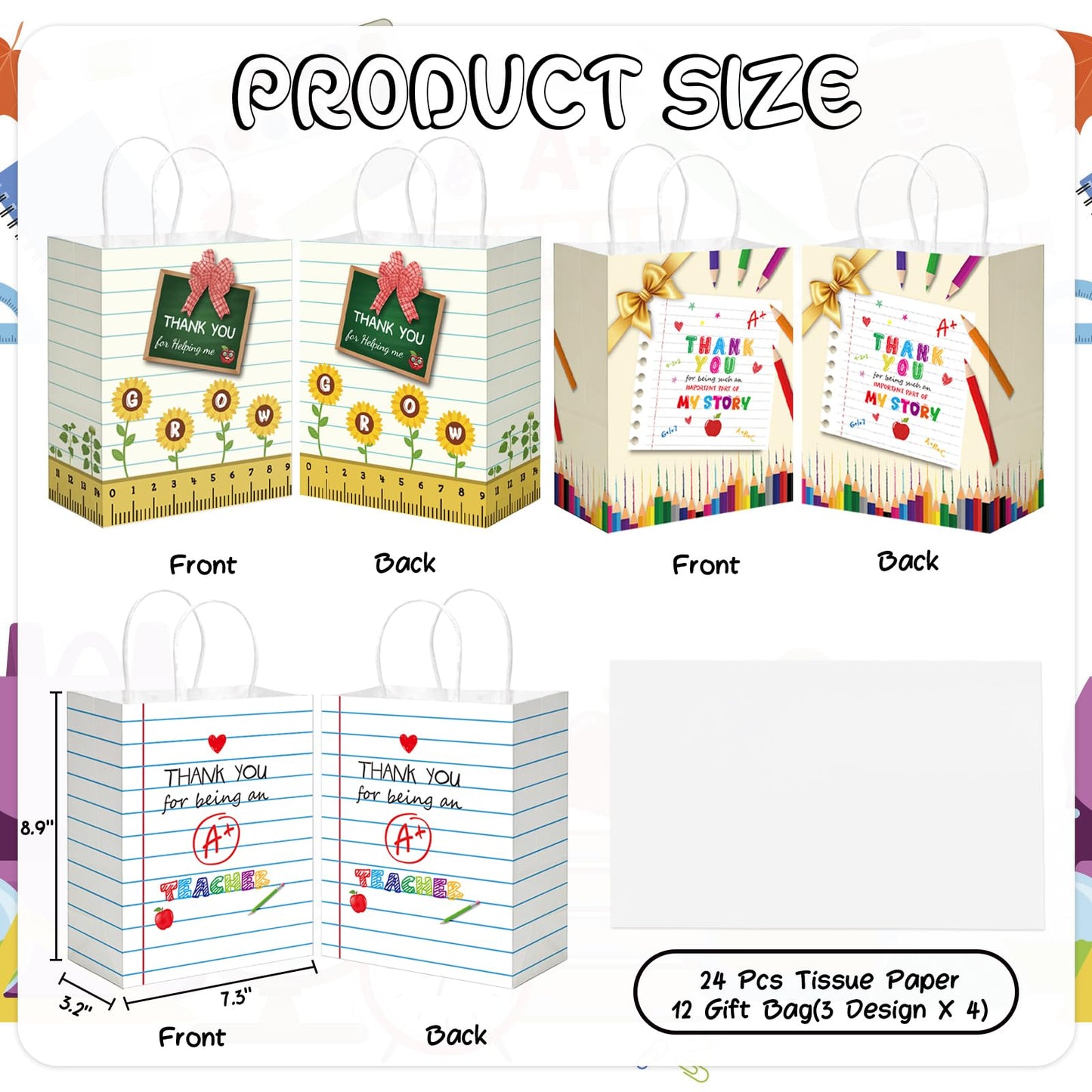 BDDYYI 12 Pcs Teacher Appreciation Gift Bags Bulk Small Thank You Treats Tote Bags with Tissue Paper and Handles for Back to School End of Year Graduation Teachers' Day Classroom Party Supplies