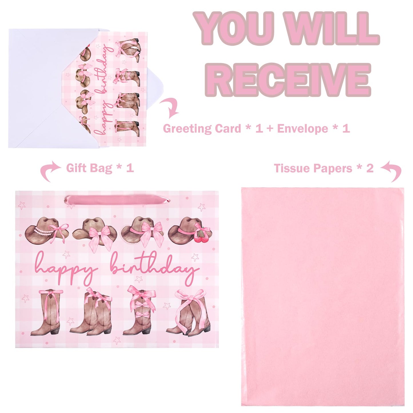 WRAPAHOLIC 13" Large Pink Cowgirl Birthday Gift Bag with Card and Tissue Paper - Western Bow Happy Birthday Wrapping Paper Bags for Party Favors Decor Girls Women Supplies