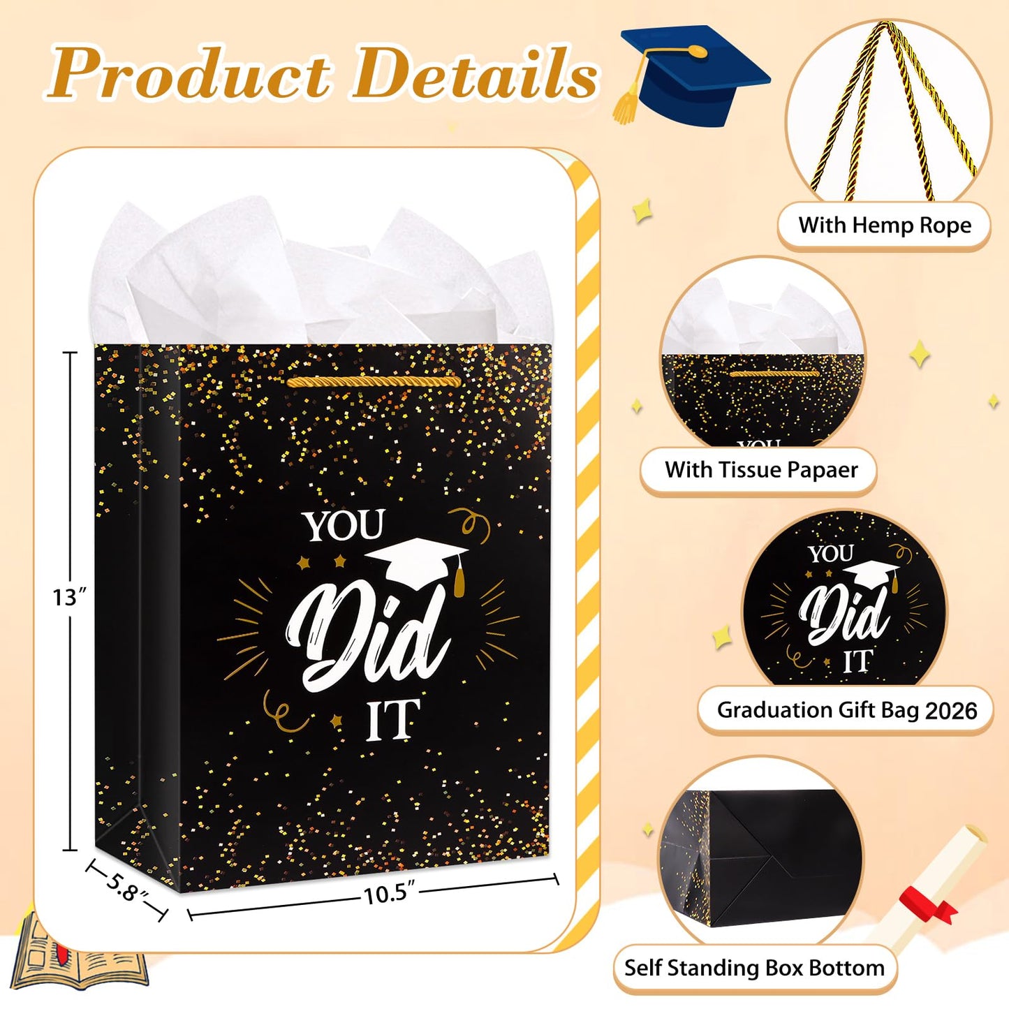 PETCEE Graduation Gift Bags - 13" Large Grad Gift Bag with Tissue Paper for Graduates Him Her 2026 You Did It Graduation Bags for College Senior High School 8th Grade Nursing School Party Supplies