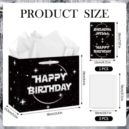 Anyangzhao Space Galaxy Birthday Gift Bag, Black Happy Birthday Gift Bag, with Greeting Card and Tissue Paper, Galaxy Party Favors Bag for Kids, Boys, Baby Shower, Star Theme Party Supplies