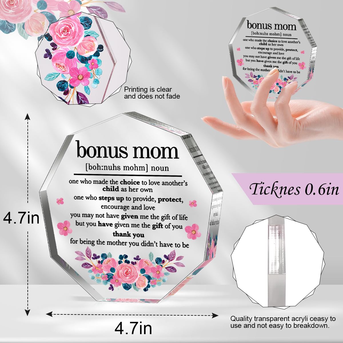 Bonus Mom Gifts from Daughter Son Husband Best Mom Ever Gift Mothers Day Birthday Christmas Gifts for Mom Stepmom Stepmother Bonus Mom Definition Acrylic Decorative Signs Plaques