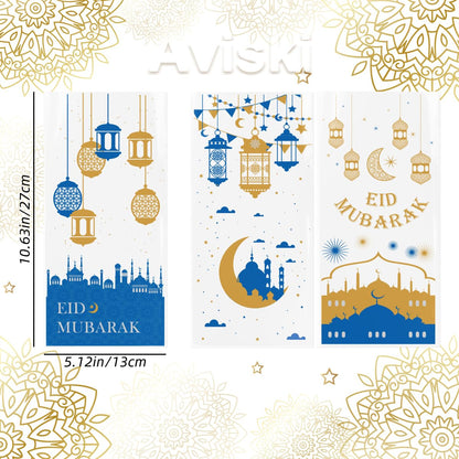 Aviski 150PCS Eid Mubarak Party Treat Bags, Ramadan Theme Printed Pattern Gift Bags Cellophane Clear Plastic Goodie Favor Bags with Silver Twist Ties for Eid Mubarak Party, 10.6 × 5.1inch