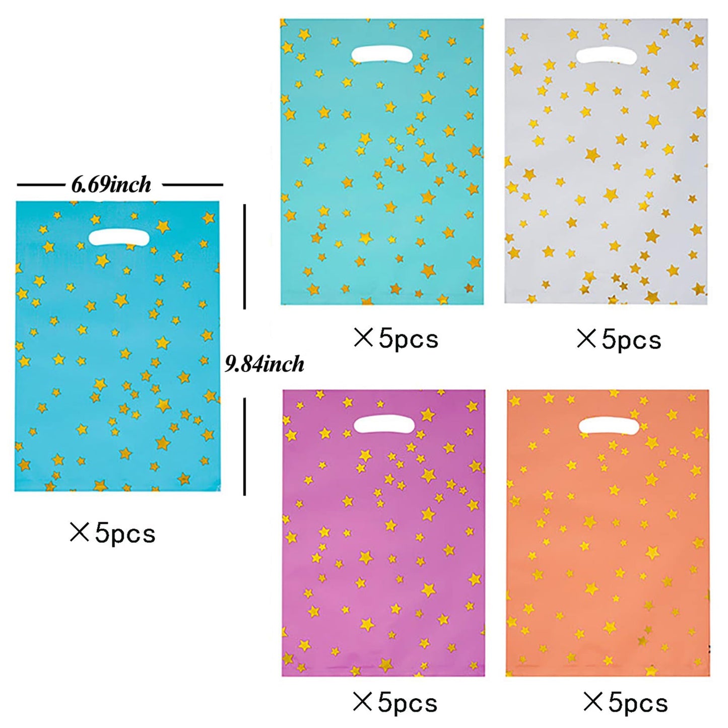 25 Party Favor Bags for Kids Birthdays, Goodie Candy Bags in 5 Colors with Star Pattern