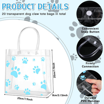 Teling 20 Packs Dog Paw Clear PVC Gift Bags with Handle Reusable Plastic Wrap Tote Bags Transparent for Puppy Pet Treat Party Favor Birthday Wedding Party, 8 x 8 x 3.15 Inch(Blue)