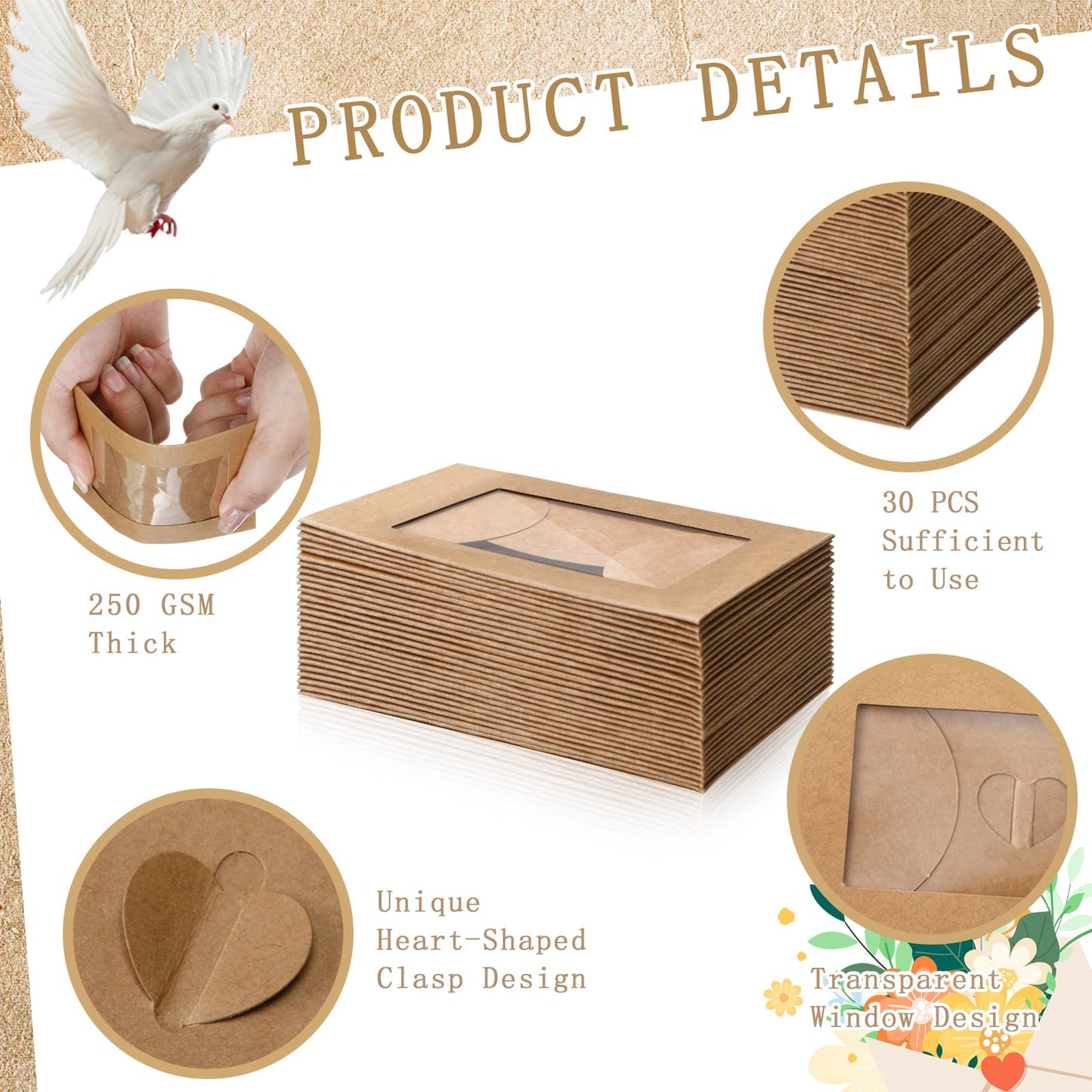 Uiifan 30 Pcs Window Gift Card Envelopes 4 x 2.8 Inch Gift Card Sleeves Credit Size Envelopes with Heart Shaped Clasp for Greeting Gifts Business Invitation(Brown)