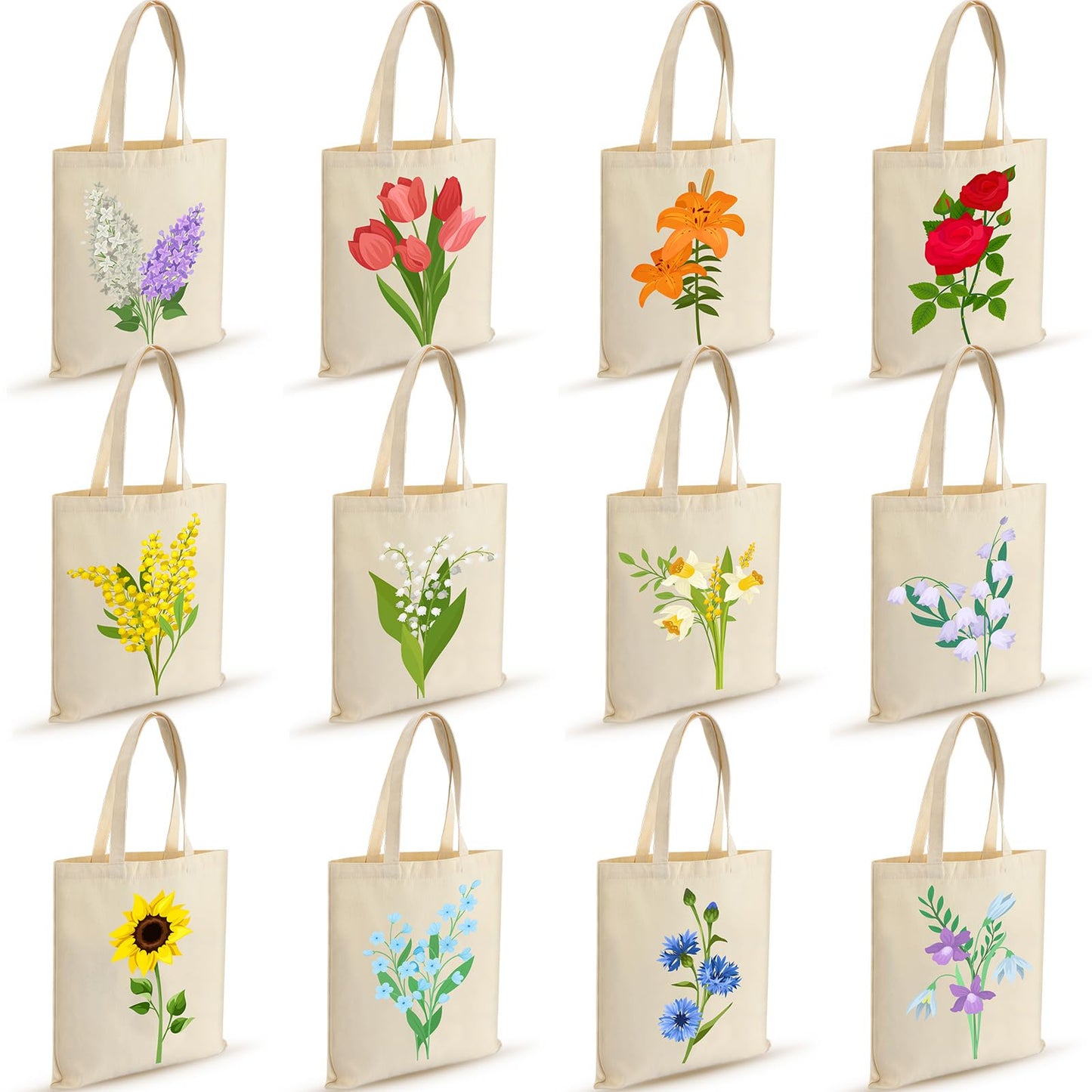 Shinylin 12 Pcs Floral Canvas Tote Bags Bulk Reusable Flower Tote Bags Book Club Gift Totes for Birthday Teacher Mother Women Gift (12 Classic Flowers)