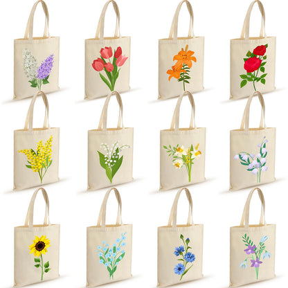 Shinylin 12 Pcs Floral Canvas Tote Bags Bulk Reusable Flower Tote Bags Book Club Gift Totes for Birthday Teacher Mother Women Gift (12 Classic Flowers)
