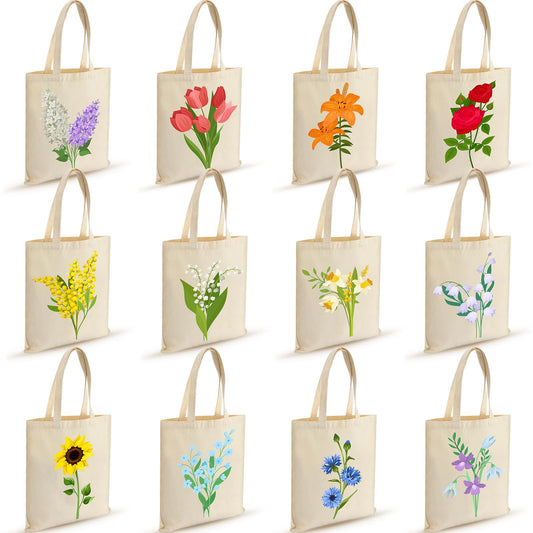 Shinylin 12 Pcs Floral Canvas Tote Bags Bulk Reusable Flower Tote Bags Book Club Gift Totes for Birthday Teacher Mother Women Gift (12 Classic Flowers)