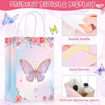 TaoBary 24 Pcs Butterfly Party Favors Gift Goodie Treat Candy Bags Thank You for Fluttering by Paper Bags with Handles for Girls Butterfly Birthday Party Supplies Baby Shower(Watercolor Style)
