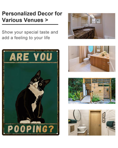 ALKB Bathroom Sign Tuxedo Cat Wall Decor Funny Metal Sign 8x12 Inch - Are You Pooping - Wall of Glory Decor Black Cat Sign