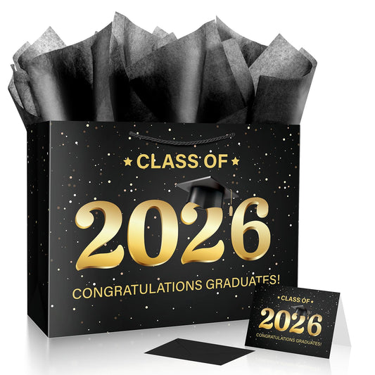 Linelglobal 2026 Graduation Gift Bag with Tissue Paper Large Congrat Grad 15.7" Black