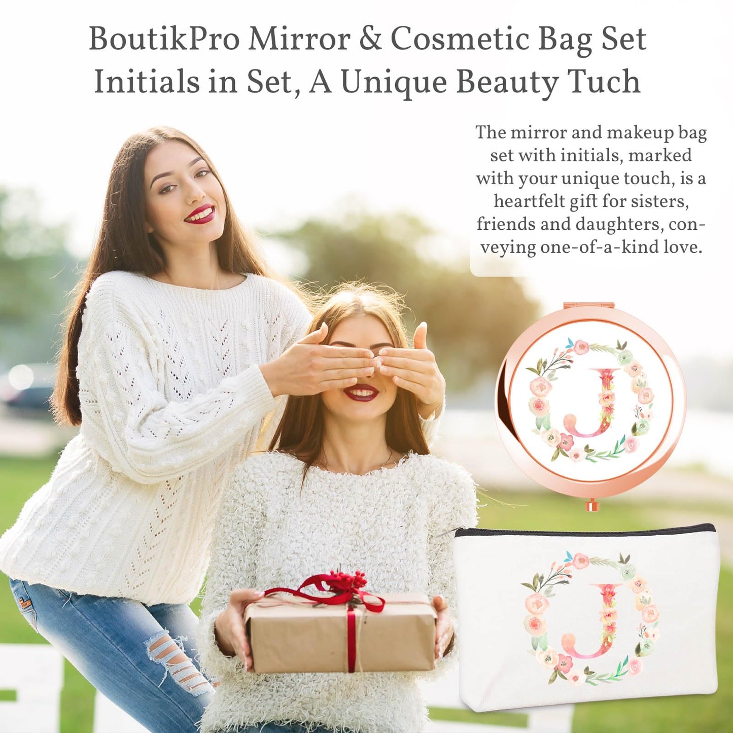 Personalized Gift Initial Compact Mirror w Makeup Bag for Women Sister Daughter Mom Wife, Floral Monogram Alphabet Small Mirror Ideal Gift on Birthday, Christmas, Graduation (J + Bag, ROSE GOLD)