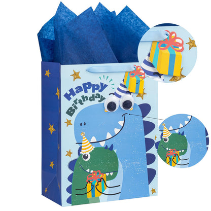 Loveinside Dinosaur Birthday Gift Bag Set, Medium Bag with Tissue Paper, Greeting Card and Tag, Blue Birthday Dinosaur Design, 10" x 5" x 13", 1 Pcs