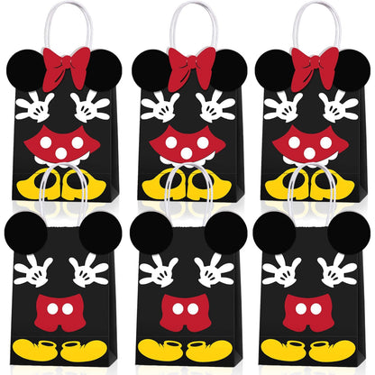 JAMNSY 12 Pcs Mouse Party Favor Bags, Cute Bow Paper Gift Bags with Handles, Cartoon Themed Candy Bags for Birthday Party Decorations & Treat Storage