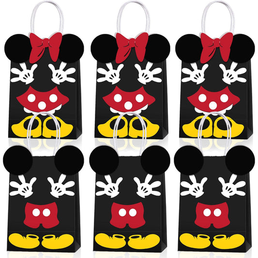 JAMNSY 12 Pcs Mouse Party Favor Bags, Cute Bow Paper Gift Bags with Handles, Cartoon Themed Candy Bags for Birthday Party Decorations & Treat Storage