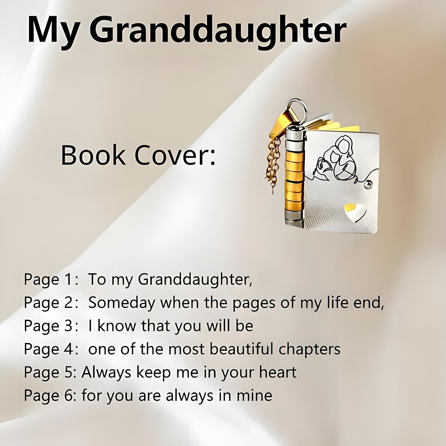 Granddaughter Book Necklace, For Granddaughters - The Most Beautiful Chapter Books Adjustable Silver Gold Book Pendant with 6 Pages Engraved Graduation Jewelry Gifts from Grandma