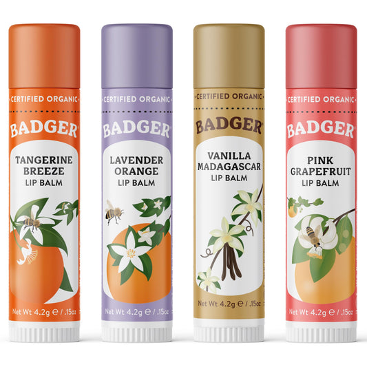 Badger Classic Organic Lip Balm Set - Yellow Box, Light Silky Long Lasting Lip Moisturizer Gift Set, All Natural Lip Balm Variety Pack Lip Set (Tangerine, Lavender Orange, Vanilla, Grapefruit), 4 pack